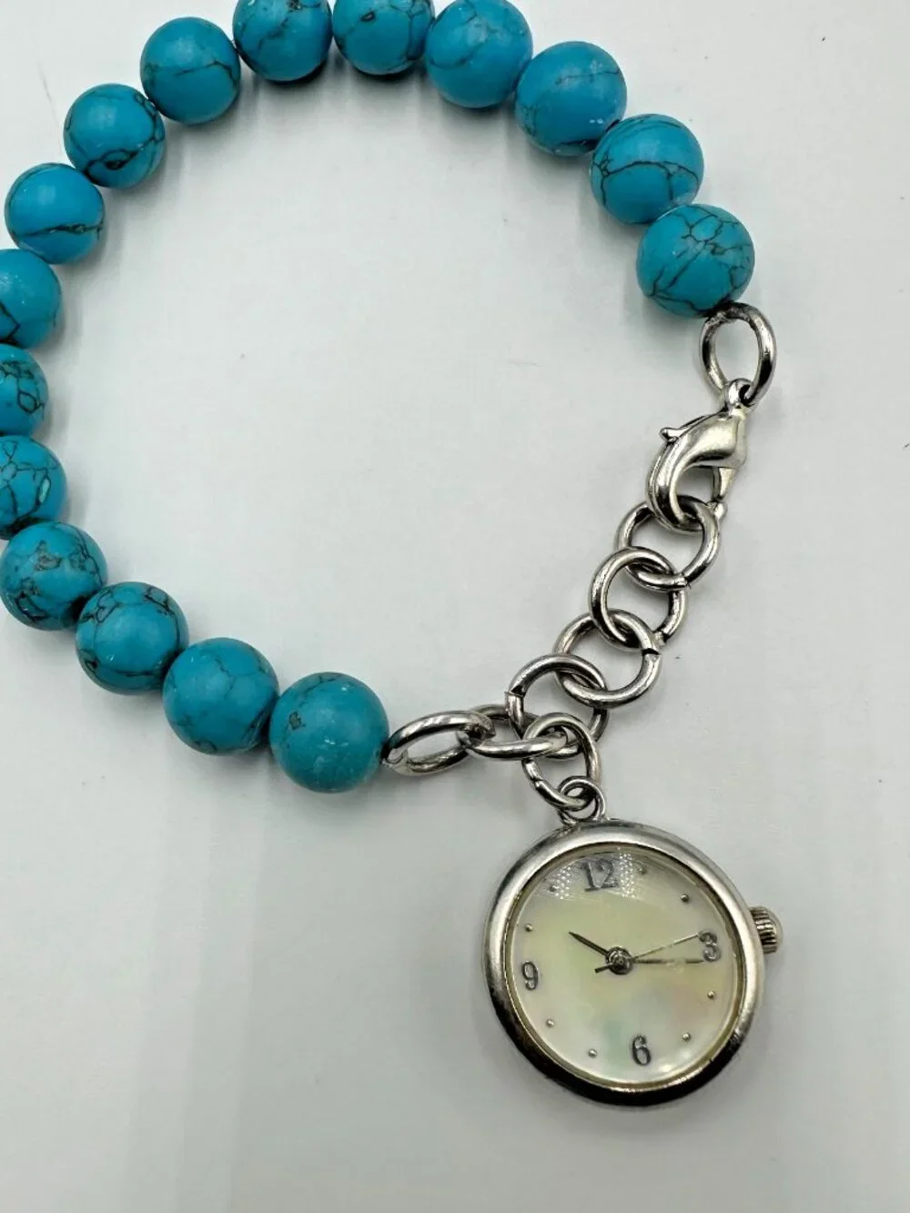 Faux Turquoise Band Beaded Watch Women Mother of Pearl Dial Works 7.75 Inch